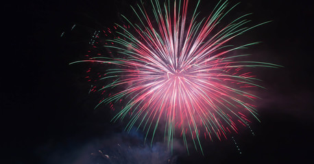 Fototapeta premium The fireworks display in black sky background to celebration