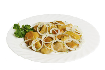 marinated mushrooms with onion on the plate, isolated