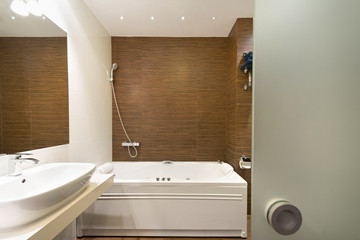 View to a brown bathroom