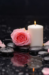 Pink rose with candle on wet and therapy stones ,