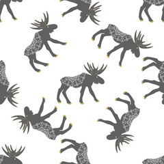 Deer vector seamless pattern. Christmas forest grey moose with decoration on white.