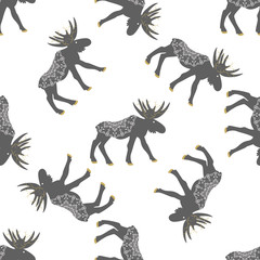 Fototapeta premium Deer vector seamless pattern. Christmas forest grey moose with decoration on white.