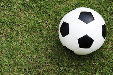 Fototapeta na wymiar Soccer ball on a lawn in the background.