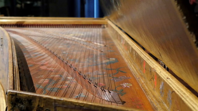 The strings on the back of the piano where sounds are produced when playing the piano