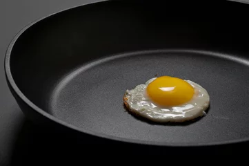 Poster Fried eggs in the new black non-stick frying pan © kucherav