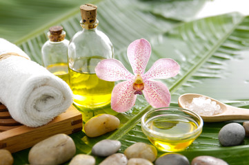 Spa set on banana leaf with stones