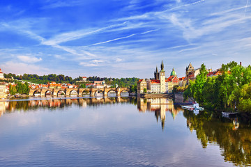Naklejka na ściany i meble Charles Bridge from the quay of the Vltava River.Czech Republic.