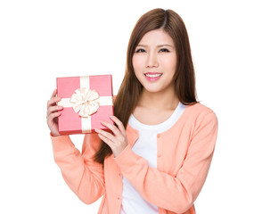 Asian Young Woman hold with present box