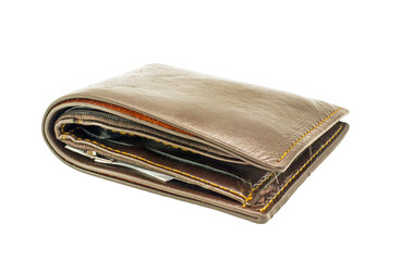 Used leather wallet with money on white background, Isolate image