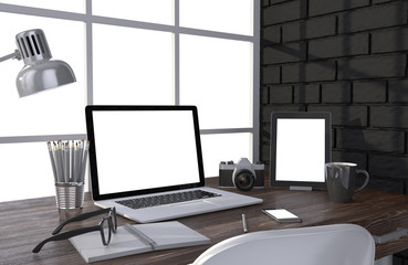 3D illustration laptop and work stuff on table near brick wall, Workspace