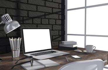 3D illustration laptop and work stuff on table near brick wall, Workspace