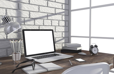 3D illustration laptop and work stuff on table near brick wall, Workspace