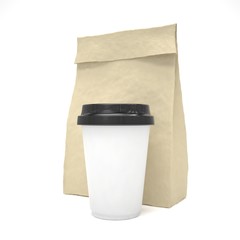 Coffee to go and lunch bag, on white.