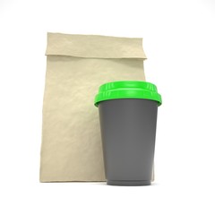 Coffee to go and lunch bag, on white.