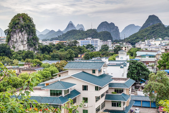 Panorama of Guilin and its karst mountains from Fubo  hill