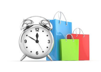 alarm clock and shopping bag (time to buy concept)