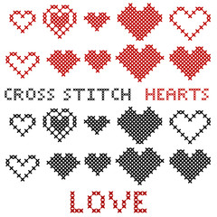Set of hearts. Cross-stitch. Red and black silhouette.
