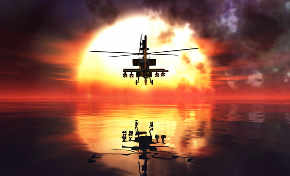 military helicopter and reflections