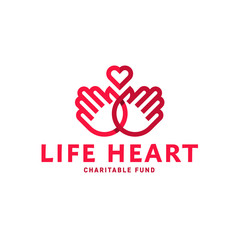 Fototapeta premium Hands and heart in one line logo flat style trend vector charity