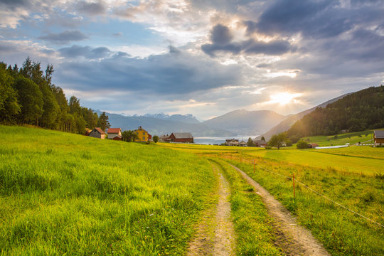 Sunset overlooking the mountains and the Norwegian fjords