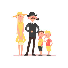 Family with Parents Wearing Hats. Vector Illustration