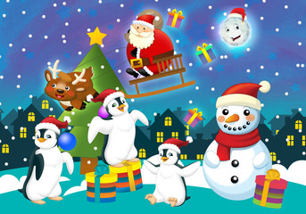 Christmas happy scene with different animals and santa - illustration for the children