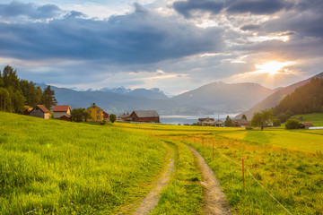 Sunset overlooking the mountains and the Norwegian fjords