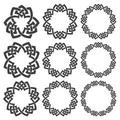 Set of magic knotting circles. Nine decorative logo elements with stripes braiding for your design