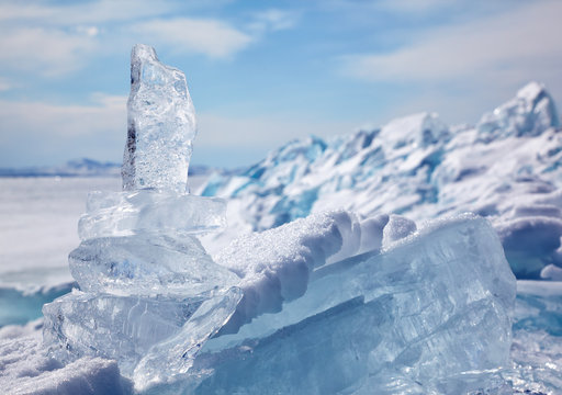 Ice floe crystal over winter Baikal lake