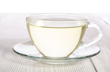 Cup of tea on the white wooden table