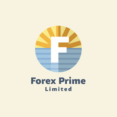 Logo for Forex companies style paradise by sea background of dawn, suns rays the letter F