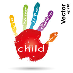 Vector conceptual children painted hand print word cloud