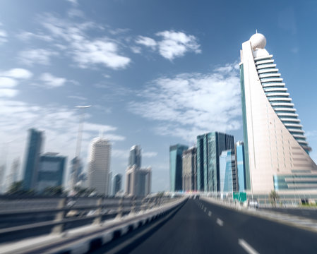 Blurred view of Dubai skyscrapers