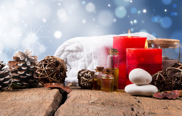 spa concept, wellness objects on wood plant , christmas background. Present holiday concept. 