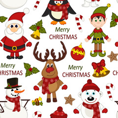 Christmas seamless pattern with Santa, penguin, deer, bear, snowman, elf - vector illustration, eps - obrazy, fototapety, plakaty