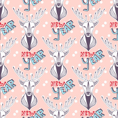 Christmas deer for new year wrapping paper. Vector seamless pattern.