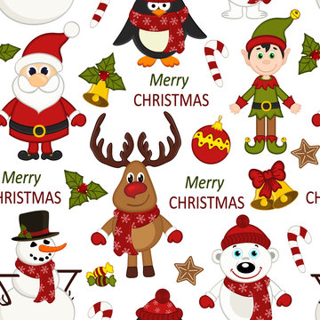 Christmas seamless pattern with Santa, penguin, deer, bear, snowman, elf - vector illustration, eps