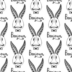 Hipster rabbits seamless pattern. Vector french greeting bunjour hand drawing hipster