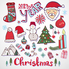 Christmas doodle collection. New year colorful sketches set. Cute santa claus, tree, gift, mittens, candle, snowman, socks and other signs