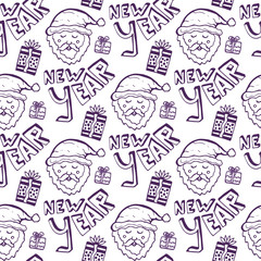 Happy New Year doodle seamless pattern. Holiday background with santa claus.