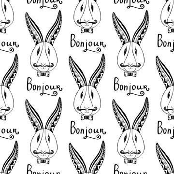 Hipster rabbits seamless pattern. Vector french greeting bunjour hand drawing hipster