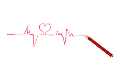 red pencil drawing cardiogram lineisolated