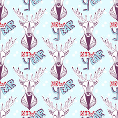 Seamless pattern with Christmas deer and new year lettering. Vector background
