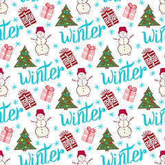 Winter holiday pattern. Cute new year seamless pattern with snowman, tree and gifts.