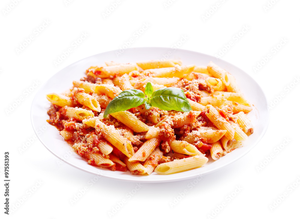 Canvas Prints plate of penne pasta bolognese on white background