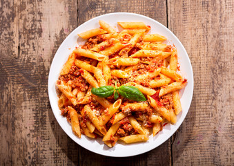plate of penne pasta bolognese