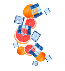 Fresh grapefruits falling in water splash, isolated on white background