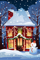 Christmas winter wonderland template. Christmas background with fairy tale house and forest in snowfall. Vector illustration.