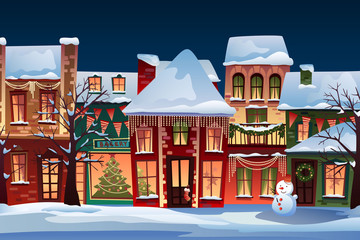 Winter landscape.Christmas background with fairy tale houses. Snowy town at holiday eve.Vector illustration.