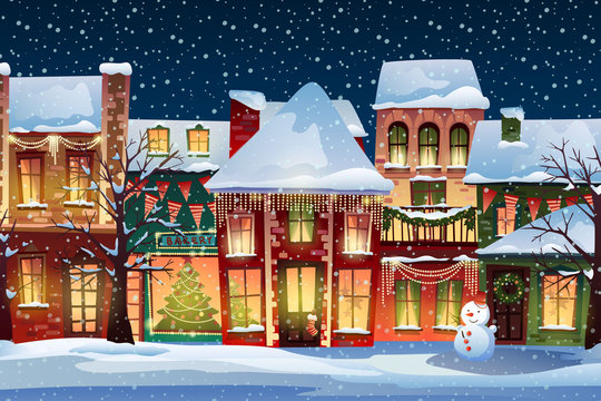 Winter landscape.Christmas background with fairy tale houses. Snowy town at holiday eve.Vector illustration.